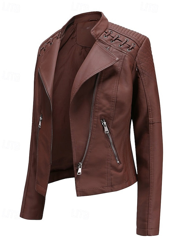 Pocket Jacket Faux Women's Zipper Comfortable Leather