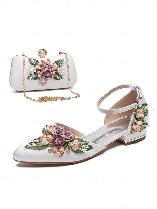 Shoes – Floral White Clutch Embroidered Flat with Matching