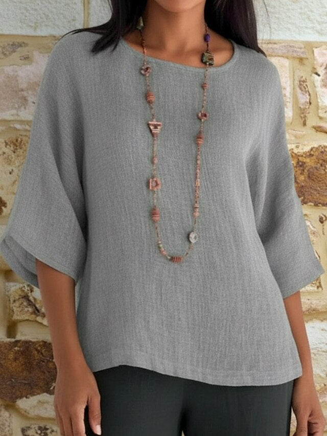 Women's Blouse Cotton Shirt Plain Vintage Stylish 3/4