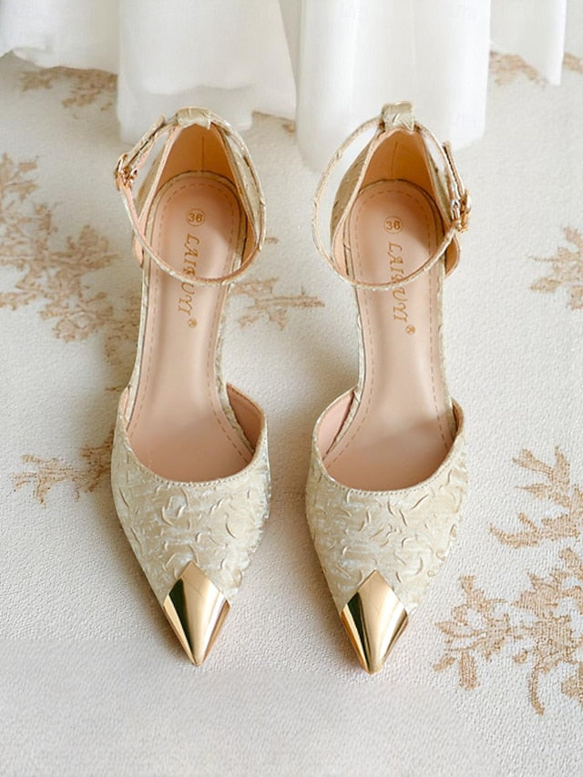 Gold Women's with and Pointed Heels Satin Accents Toe Beige