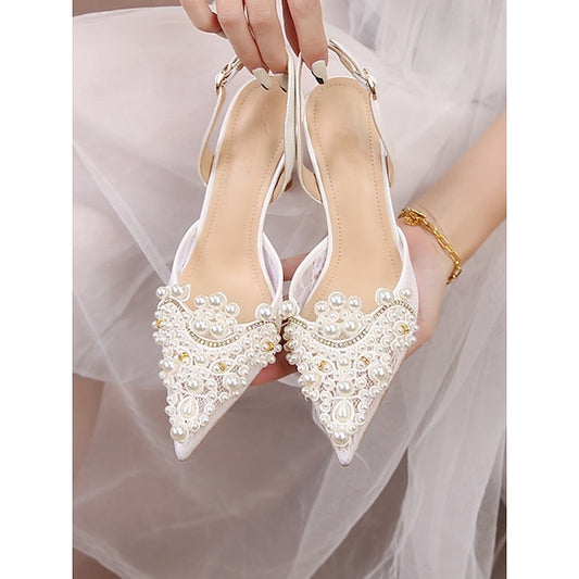 Pearl-Embellished Kitten Pointed-Toe with White Slingback Heel