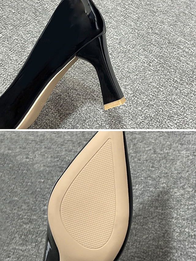 Faux Green Heel Leather Pointed-Toe Patent Block Glossy Pumps