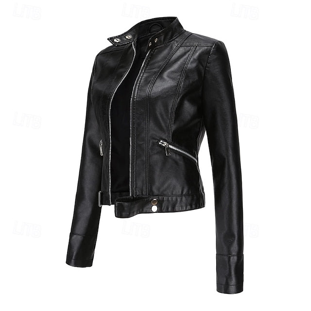 Jacket Zipper Pocket Leather Comfortable Faux Women's