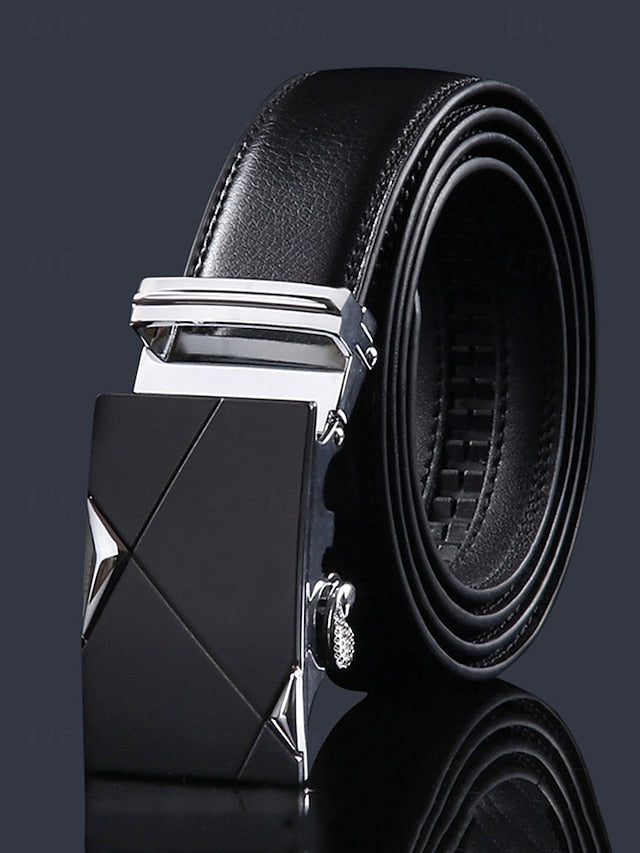 Men's Belt with Leather Adjustable Black Elegant Metal