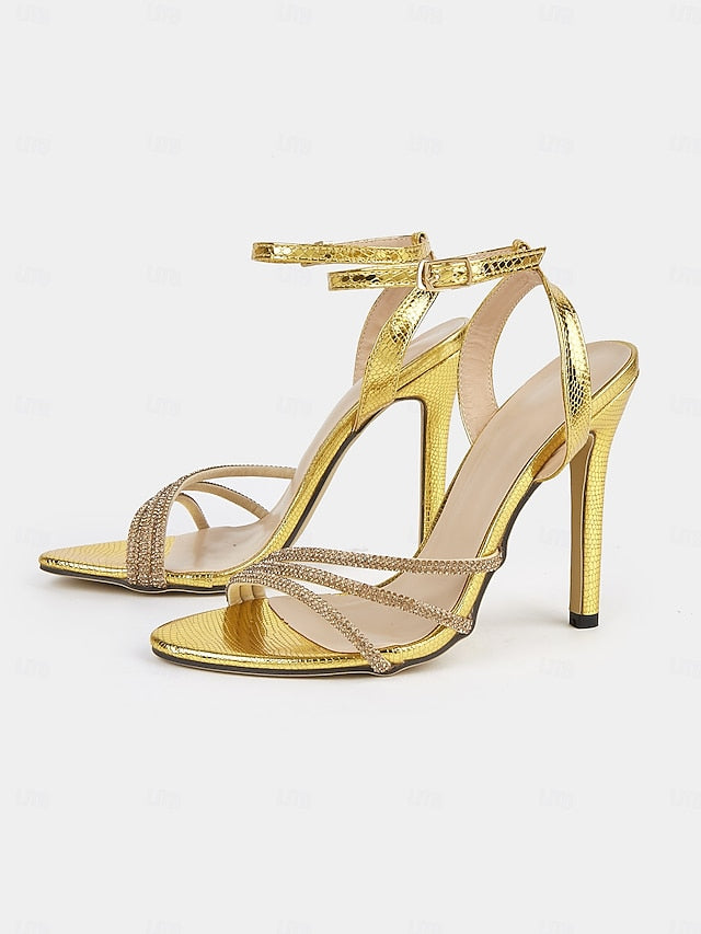 Gold Open-Toe Stiletto Rhinestone-Embellished for Women Sandals