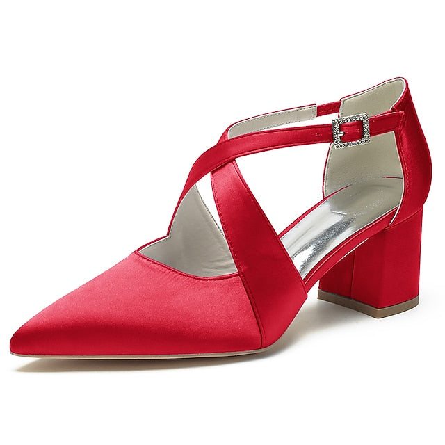 Heels Elegant Women's Pointed – White Toe Block Satin