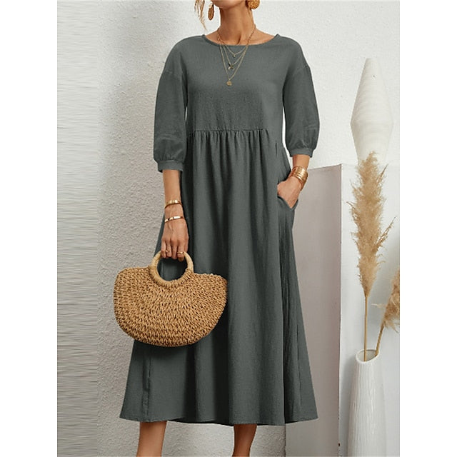 Women's Blue Black White Summer Spring Midi Dress Faux