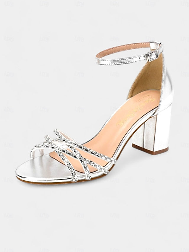 Heel Silver Strappy Sandals with Block Rhinestone Metallic