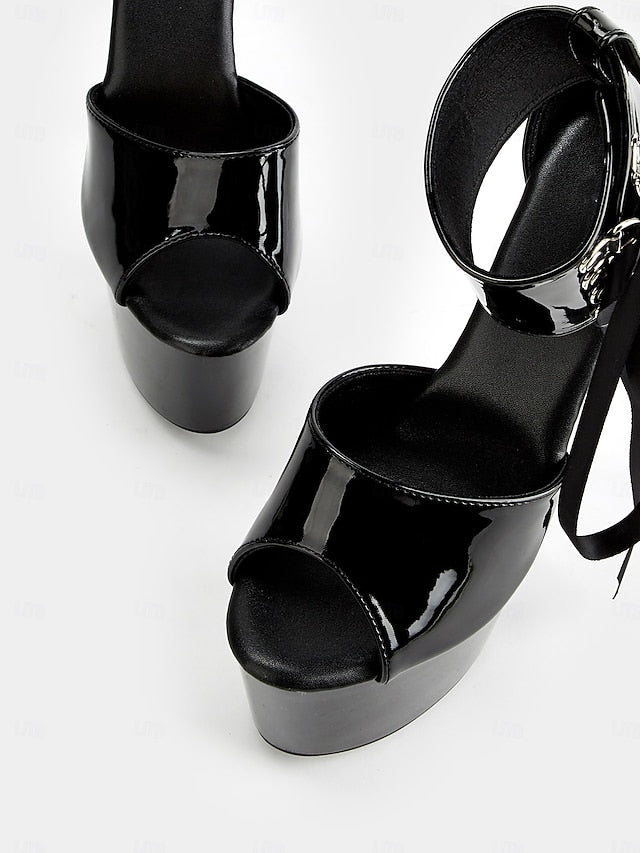 Lace-Up Ankle Black Sandals Patent with Platform Straps Leather