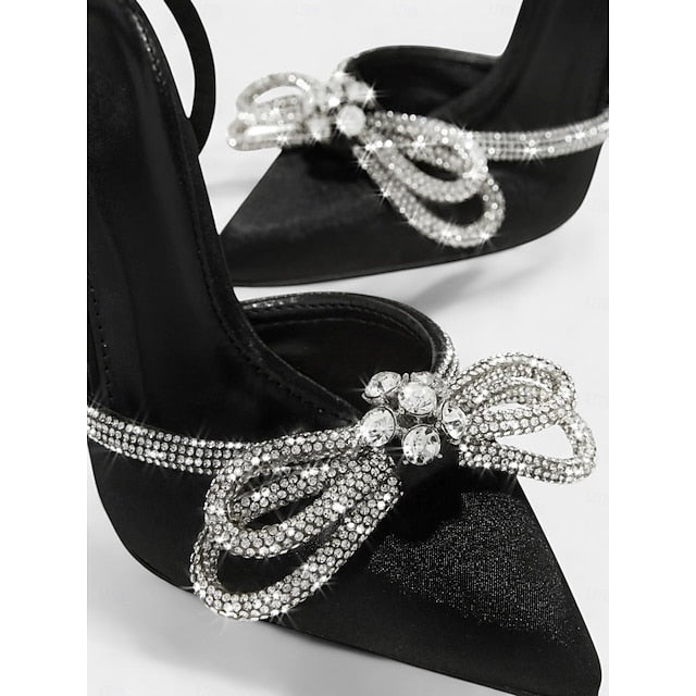 Bow Women's with Stiletto Black Satin Rhinestone Heels and