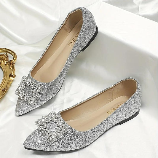 with Rhinestone Embellished Flats Women's Glitter Silver