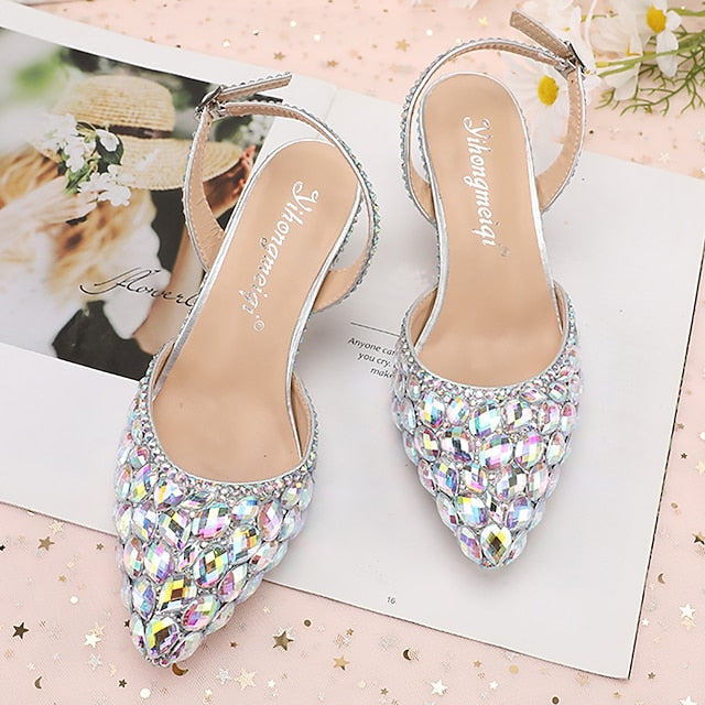 High Rhinestone Slingback Heels Pointed-Toe Women's Crystal
