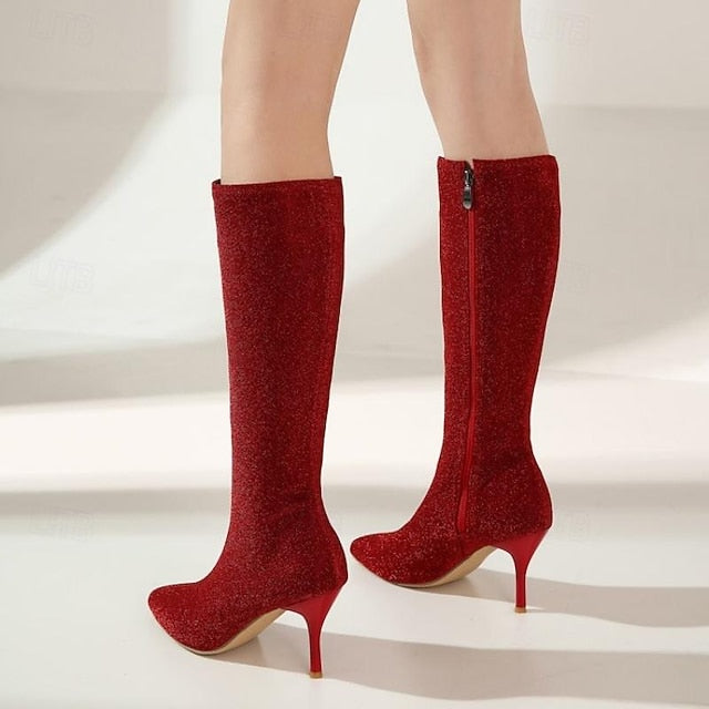 Stiletto Knee-High Elegant Women's Boots Sparkly –