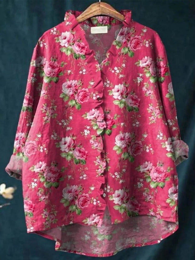 Women's Shirt Button Down Blouse Floral Stylish Casual Long