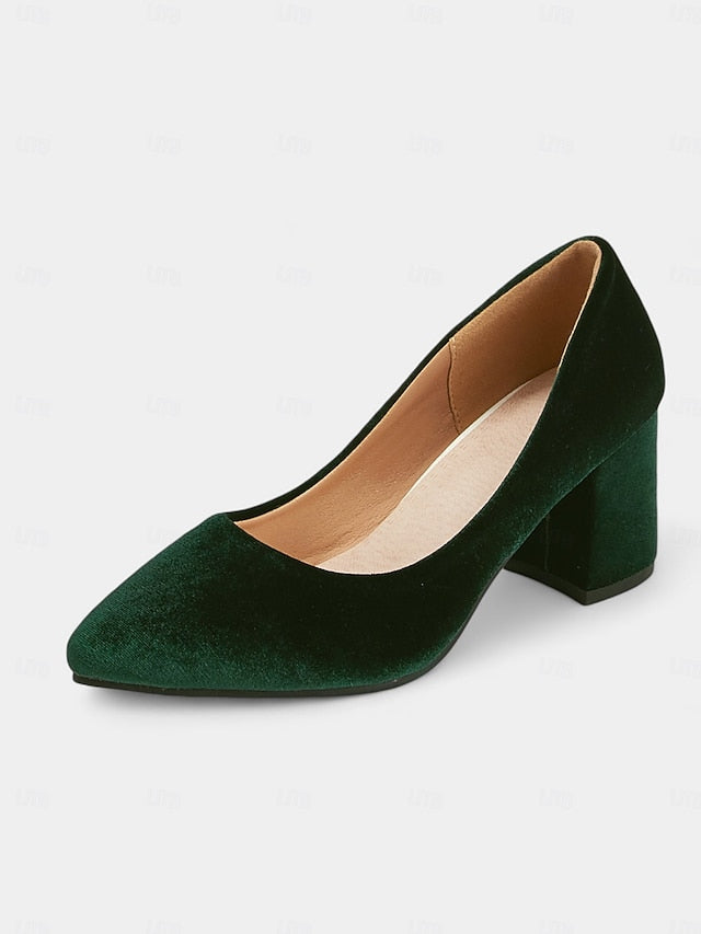 Green Velvet Toe - Block Women's Elegant Pumps Heel Pointed