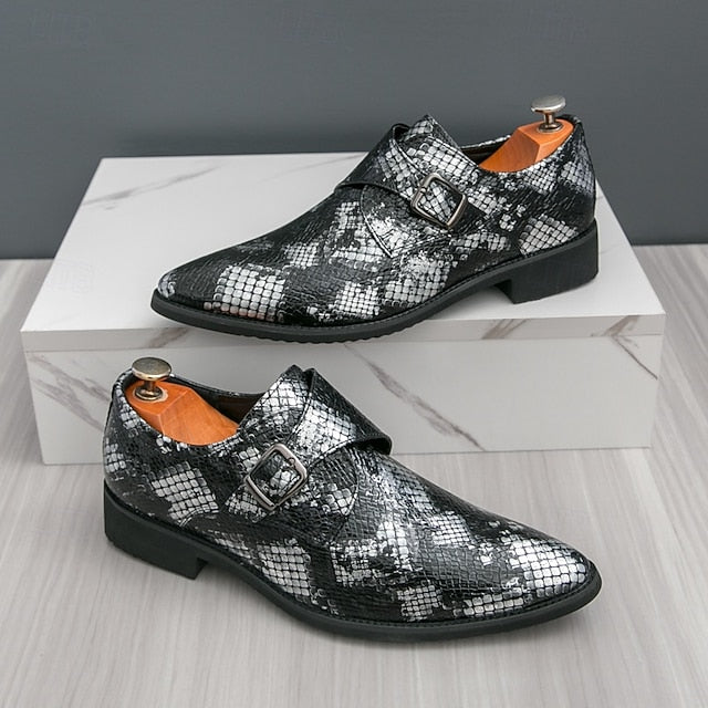 – Men Monk Classic Shoes Brown Strap Snake Print for Formal