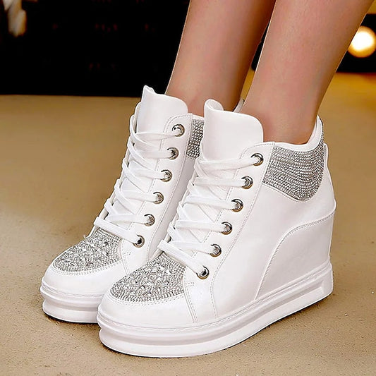Women's White Rhinestone Wedge Sneakers – Faux Leather