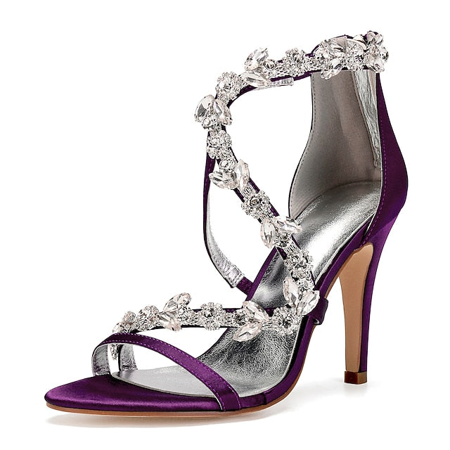 High Pink Satin Sandals Women's with Heel Rhinestone Floral