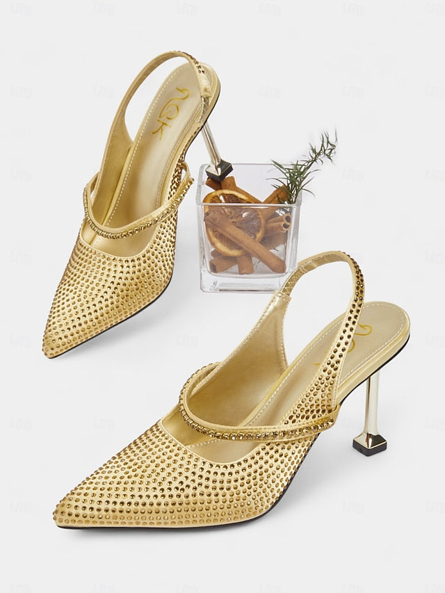 Women's Toe Gold Pointed Heels Sparkly Rhinestone -