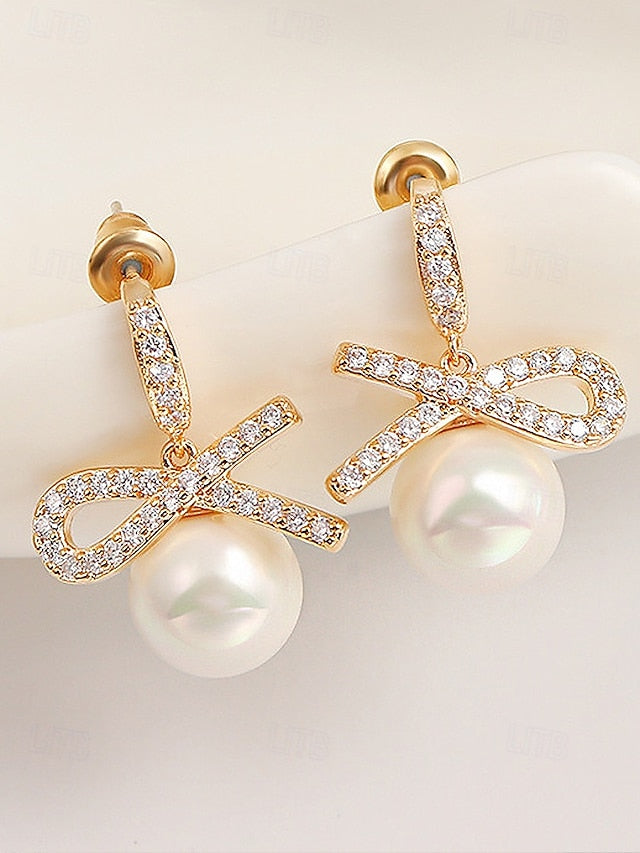 Bow Earrings Christmas Rhinestone with Pearl Women's and