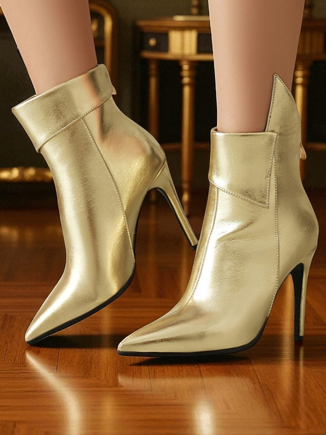Boots Pointed Women's Metallic Stiletto Toe Ankle - Gold
