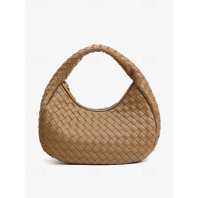 – Leather Round Woven Chic Women's Elegant Ivory Hobo Bag