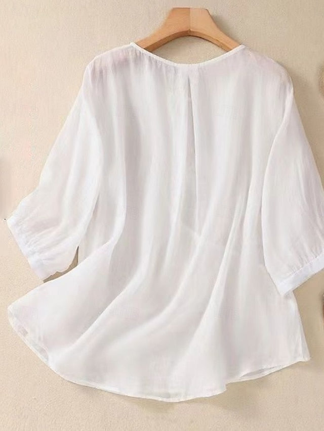 Women's Shirt Cotton Linen Shirts Blouse Solid Color Basic