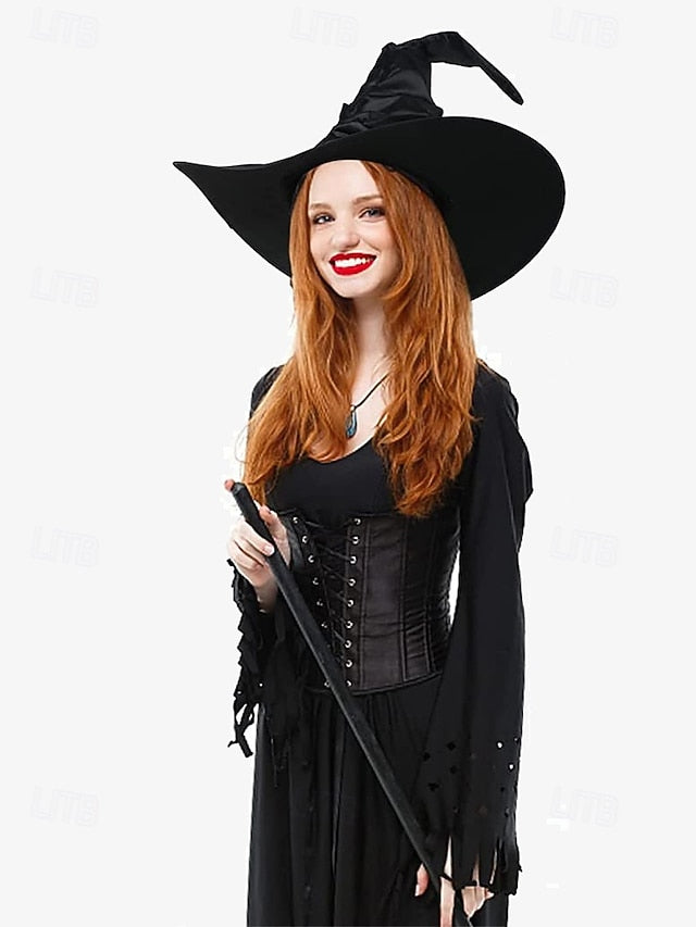 Women's Black Witch Hat with Wide Brim and Pointed Top,