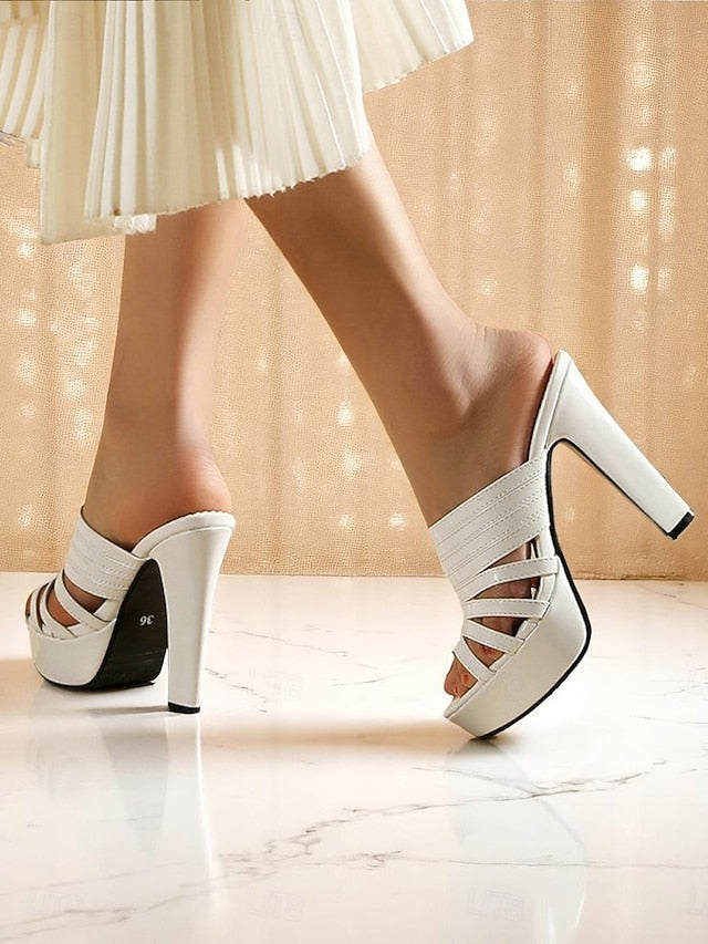 White Open-Toe Strappy Mule Women's Heels - Platform