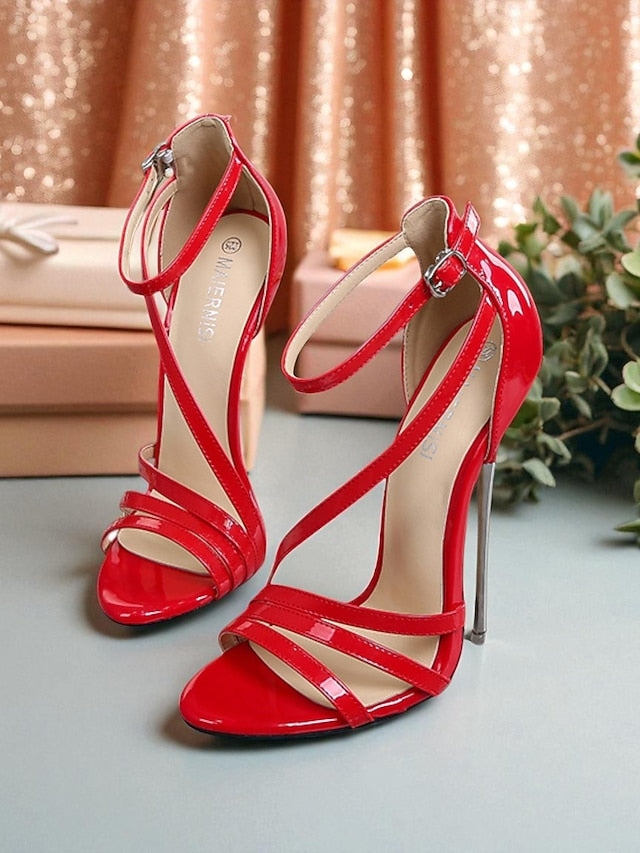 - Stiletto High Red Women's Strappy Heels Patent Sandals PU
