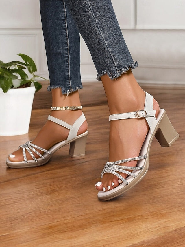 - Strappy with Black Rhinestones Comfortable Block Sandals Heel