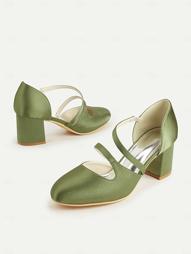 – Women's Mary Jane 1950s Heels Satin Green Elegant Block