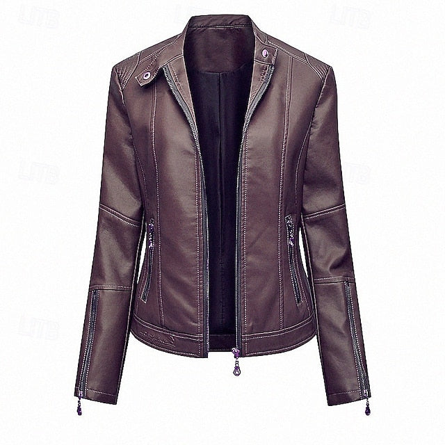 Women's Zipper Pocket Comfortable Jacket Leather Faux