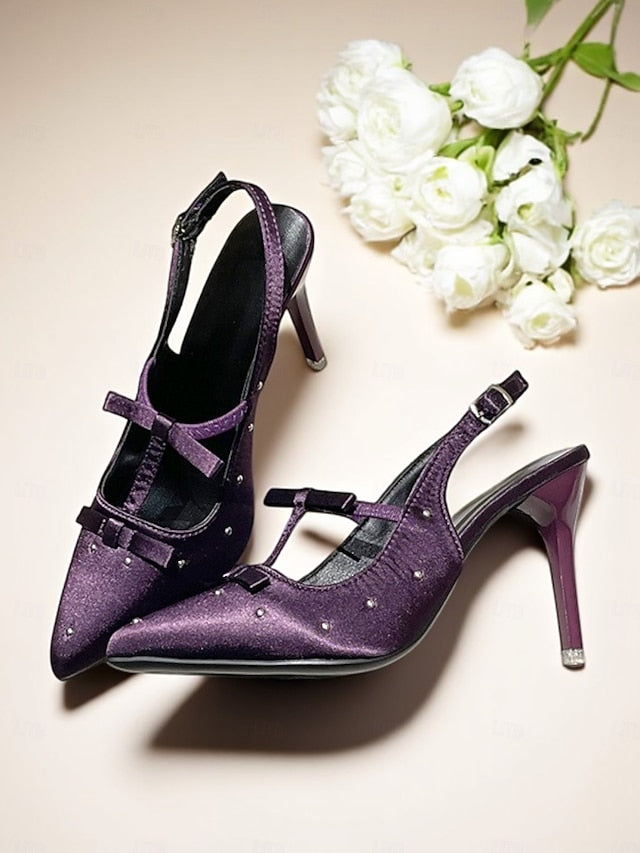 Bows T-Strap Studs – with Satin Purple Heels and Women's
