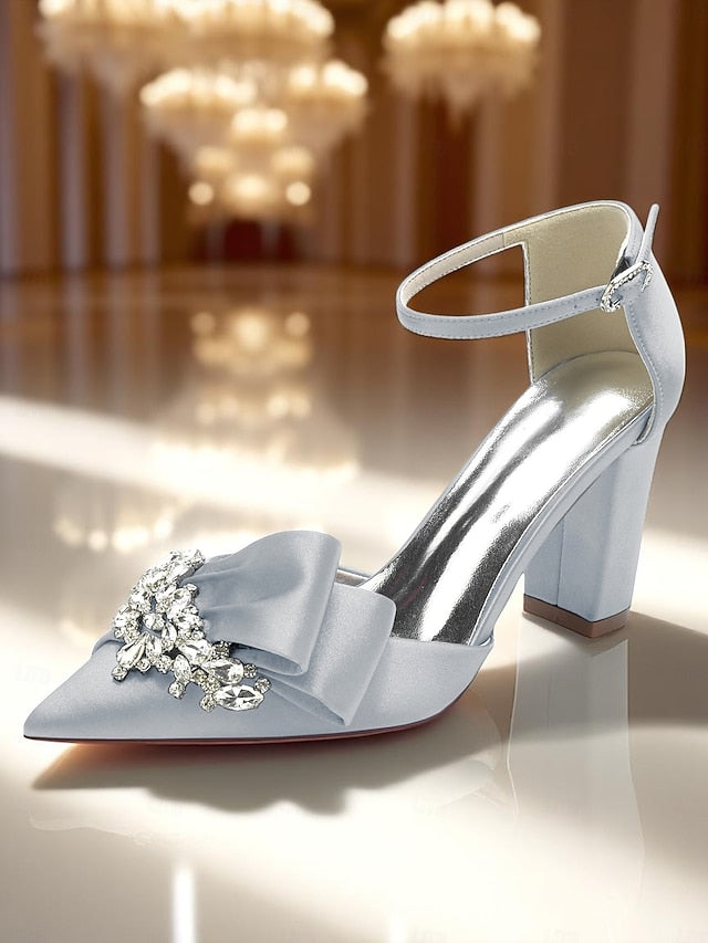 Satin Women's and Block Heel Pumps Crystal Bow with