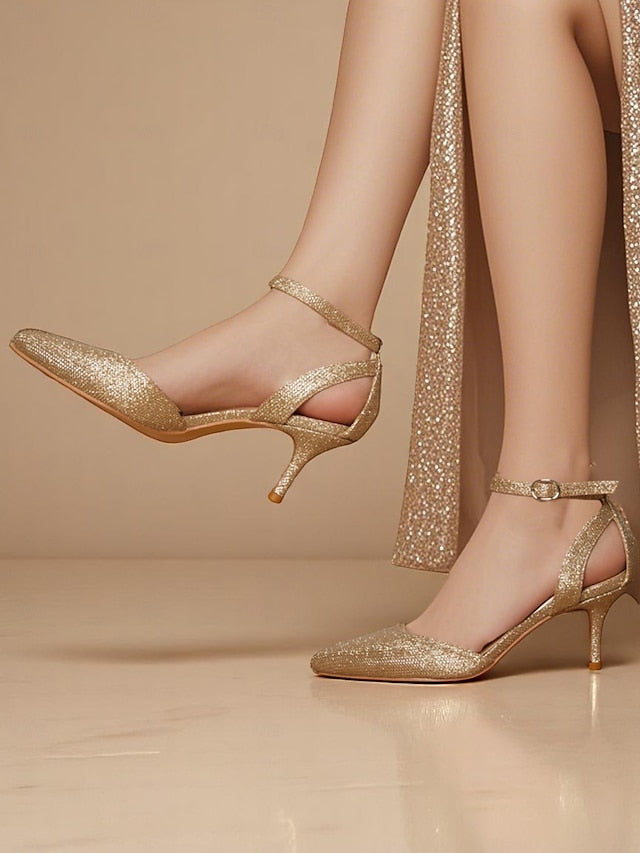 Heels Gold Women's Strap Ankle Glitter