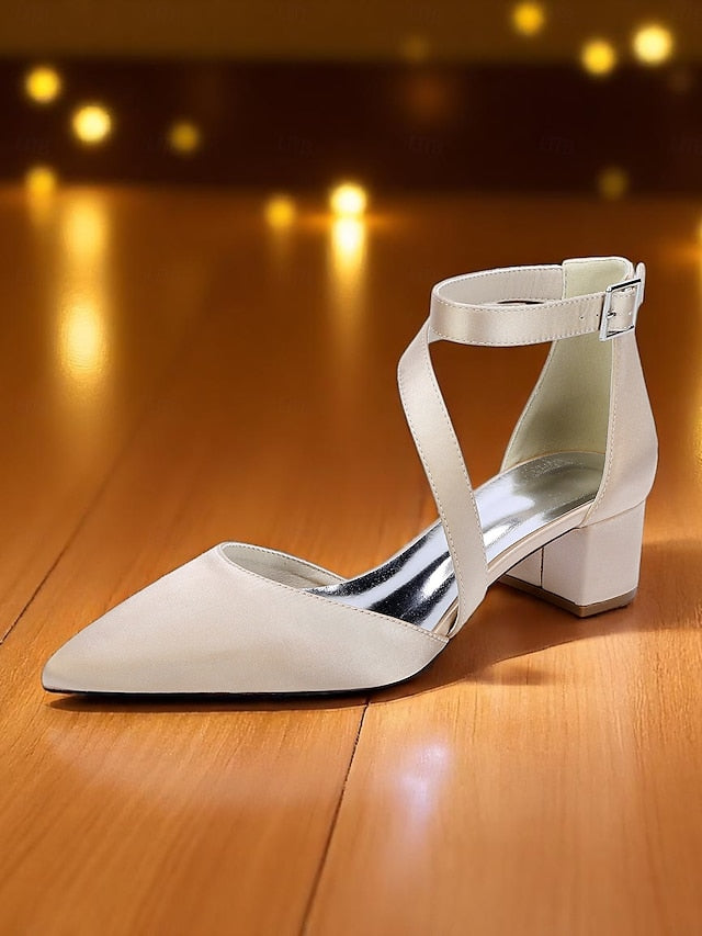 Satin Pointed Toe Champagne Heels Block Women's -