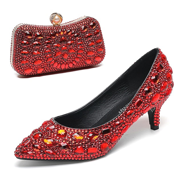 Crystal-Embellished and Shoes Heel Matching Women's Kitten