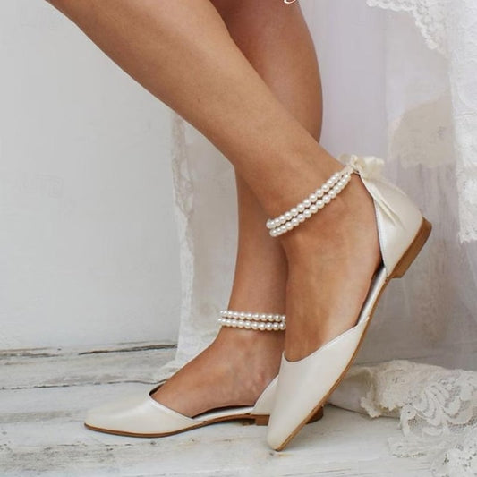 Flats Women's Ankle Elegant White – Pearl Strap Bridal