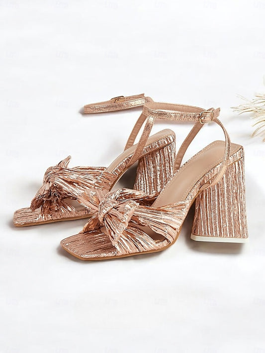 Knot Textured Detail Rose Sandals Block with and Gold Heel