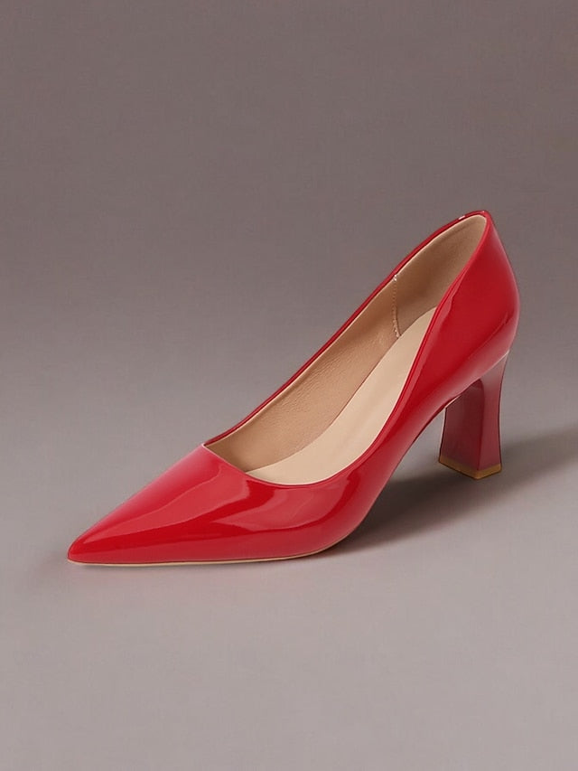 Faux Green Heel Leather Pointed-Toe Patent Block Glossy Pumps
