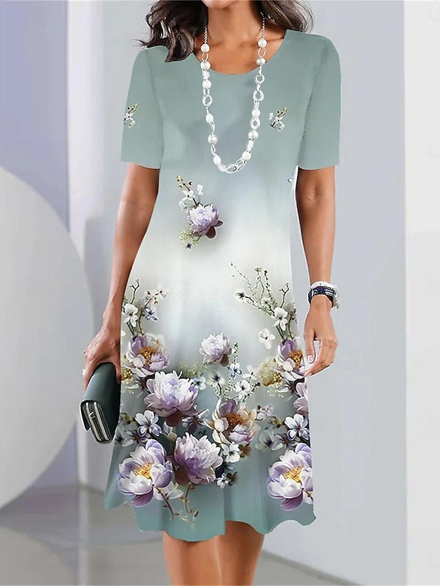 Women's Floral Print Crew Neck Mini Dress Stylish Formal