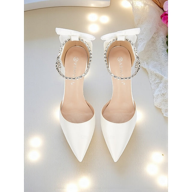and Heels Pointed Ivory Bow Satin with Women's Toe Stiletto