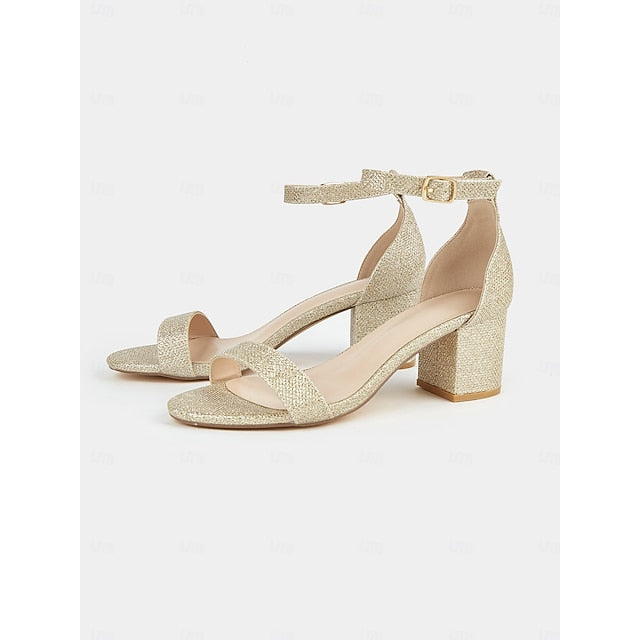 Women's Sandals Block Stylish Glitter Gold with Ankle Heel