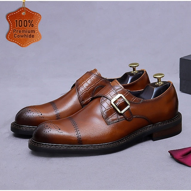 Black Strap Men's First Genuine Leather Monk Shoes-