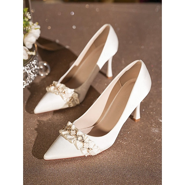 Ruffle Pumps White Toe High with Satin Heel Pointed Women's