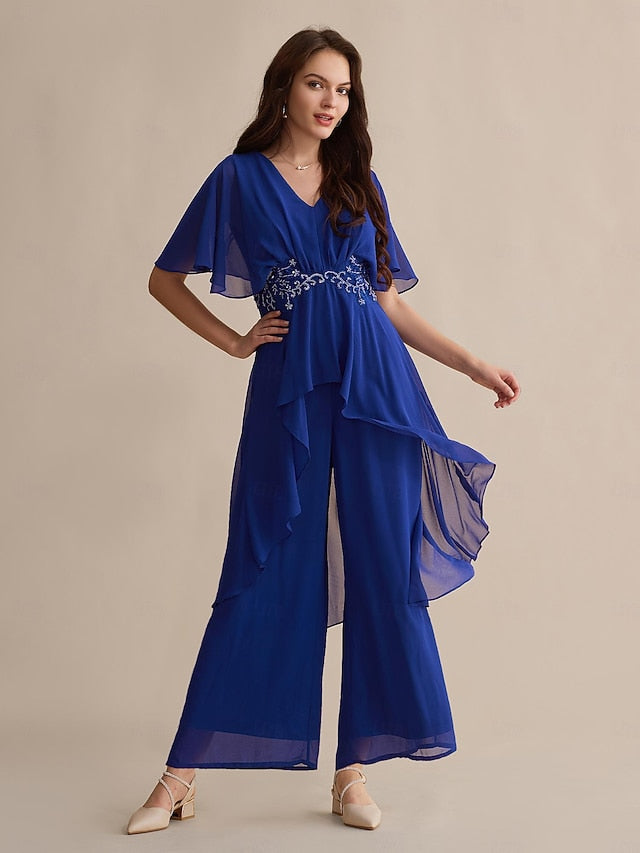 Chiffon Blue Cuff Guest Embroidered Flare Sequin Wedding Royal