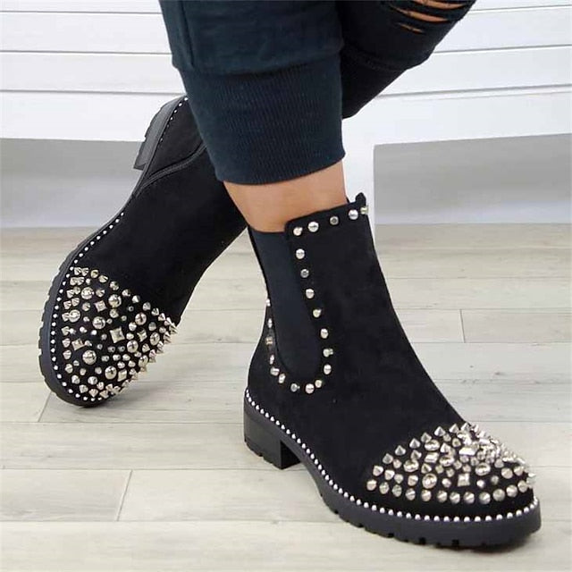 Sole for – Chunky Women Boots Ankle Black Studded Chelsea