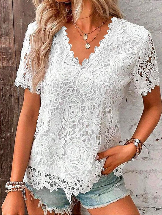 Women's Lace Blouse V-Neck Floral Short Sleeve White