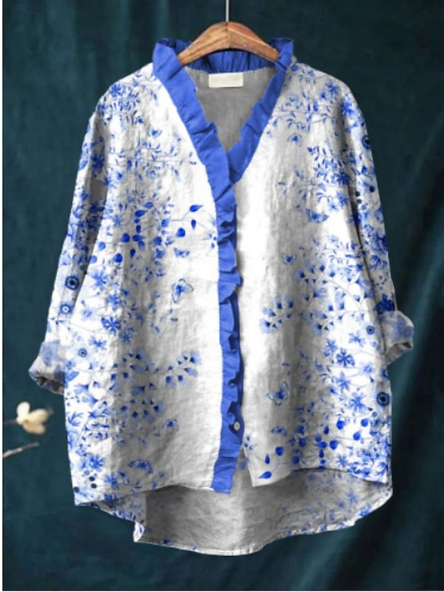 Women's Shirt Button Down Blouse Floral Stylish Casual Long